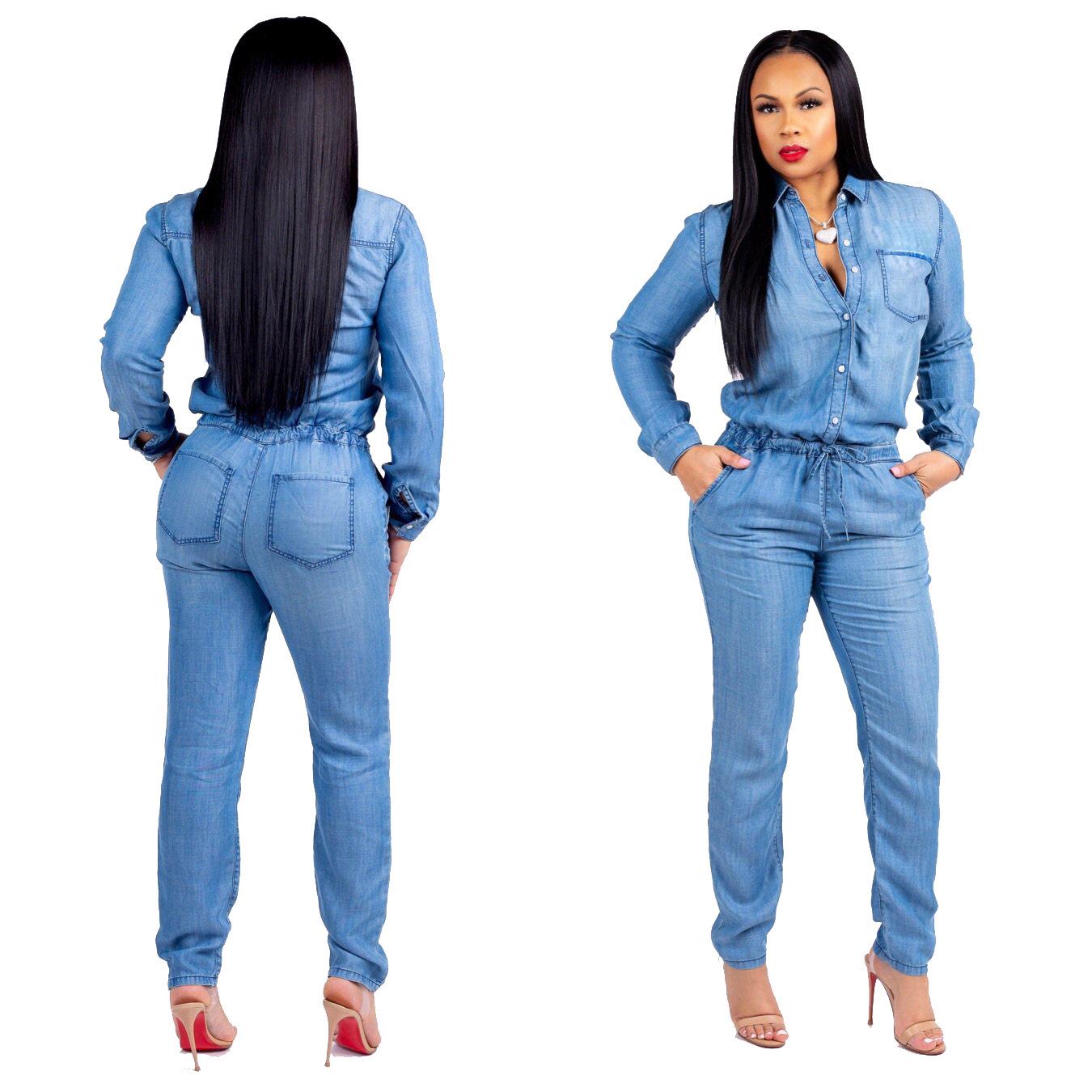 

European & American Lace-up Slim Fit Women s Casual Jumpsuit Jeans M