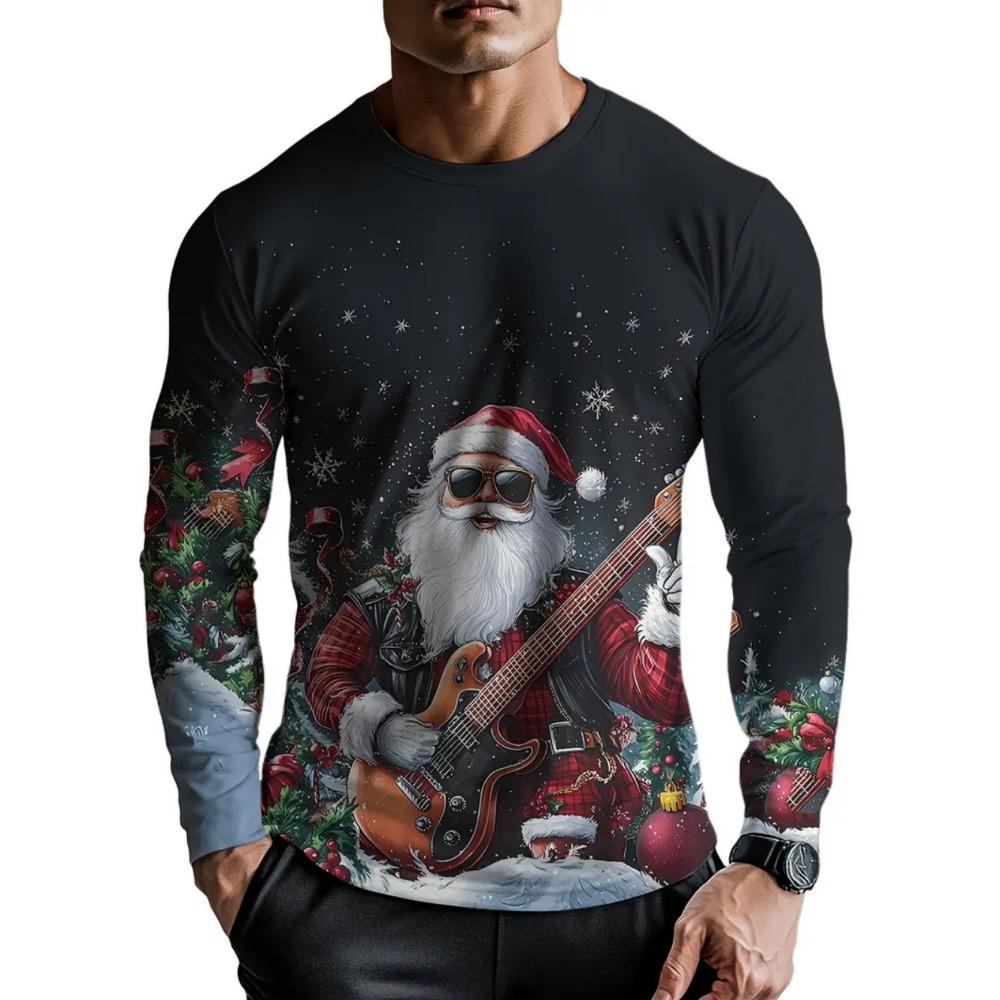 Merry Christmas Men's Long Sleeve T-Shirt, 3D Printed Santa Claus Pattern Casual Pullover, Fashionable Cool O-Neck Y2K Style Clothing