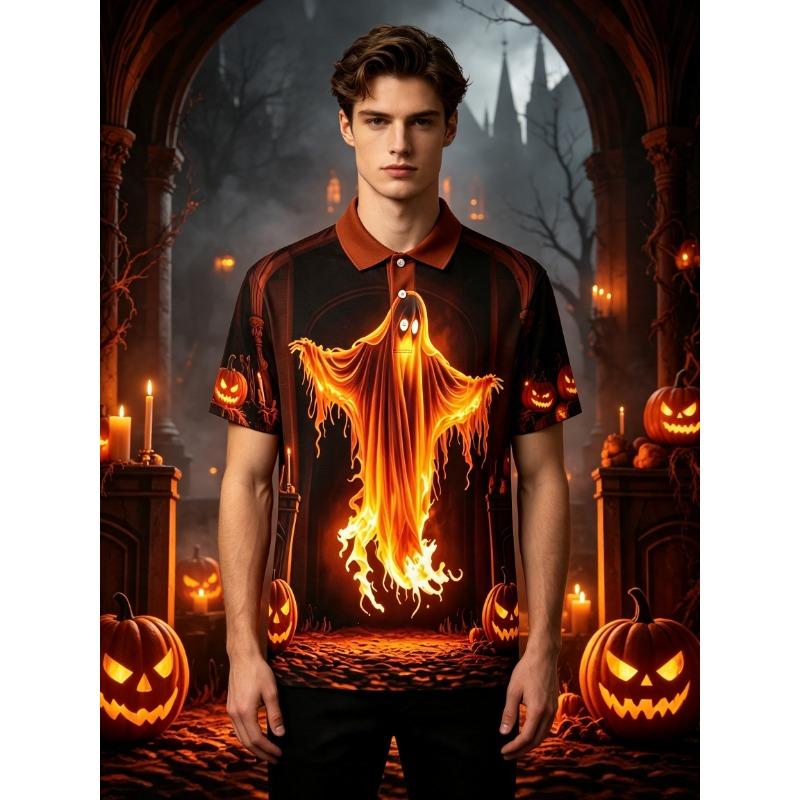 Men's Short Sleeve Polo Shirt Funny Whimsical Cartoon Duck Witch Hat Ghost Pumpkin Print Halloween Top for Party and Casual Wear