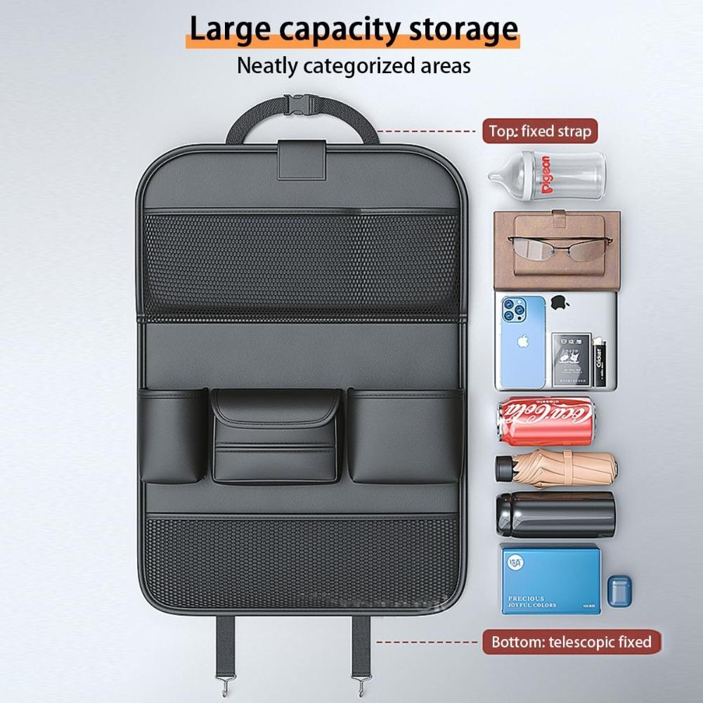 Multi-Pocket Rear Seat Organizer Premium Waterproof PU Leather Car Seat Back Pocket with Stain Proof Tablet Storage for Kids Tra