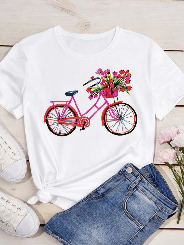 Maycaur Women Fashion Casual Tops Flower Bicycle Print TShirt Women T Shirt O Neck Short Sleeve Tees Summer Women Tshirts