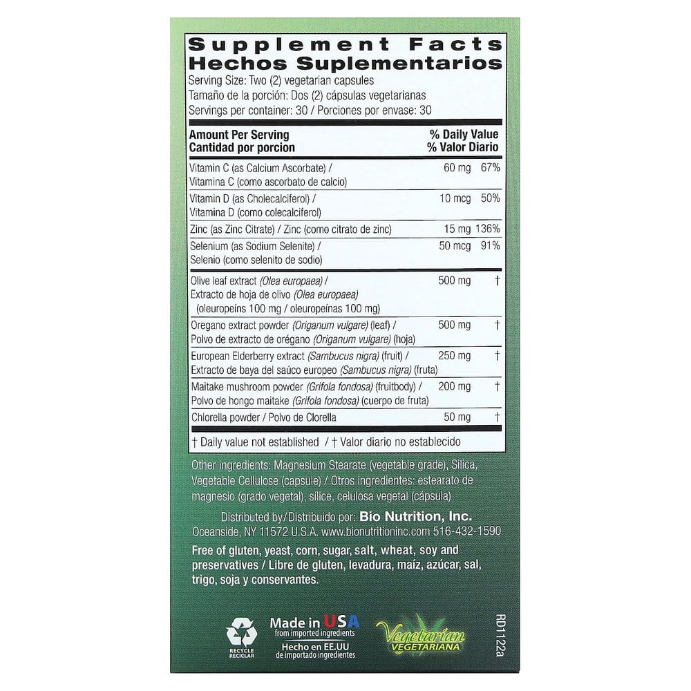 BioNutrition Immune Wellness Olive Leaf & Oregano Veggie Capsules, 60 Count