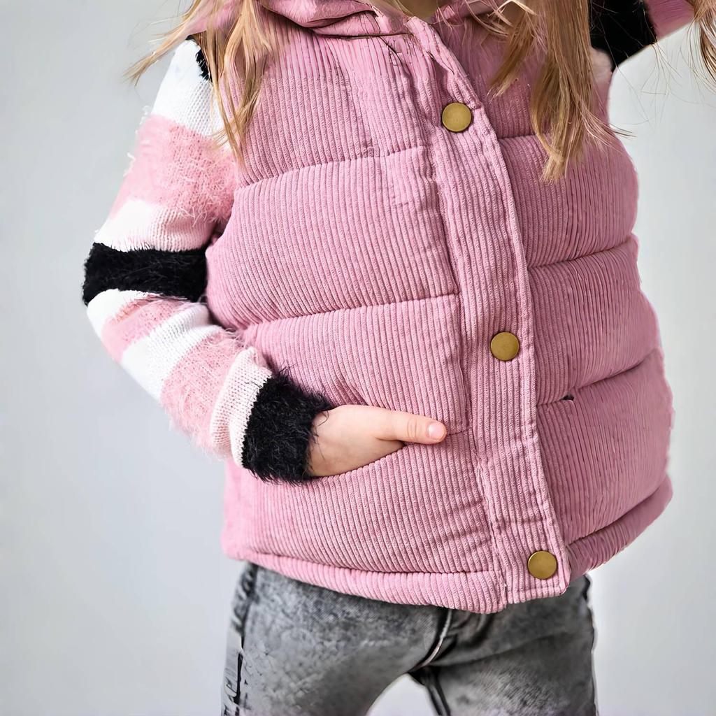 Kinder Cord Steppweste mit Stehkragen, Leichte ärmellose Oberbekleidung für Frühling Herbst, Alter 1–9, Rosa Grau Weiß