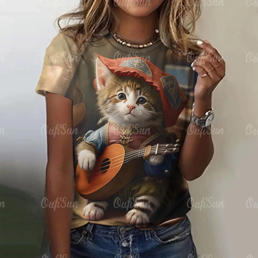 New Summer Women 3D Cool Rock Cat Printing T-Shirt Fashion Trend Tops Tees Ladies Casual Short Sleeve Clothing Y2K Streetwear