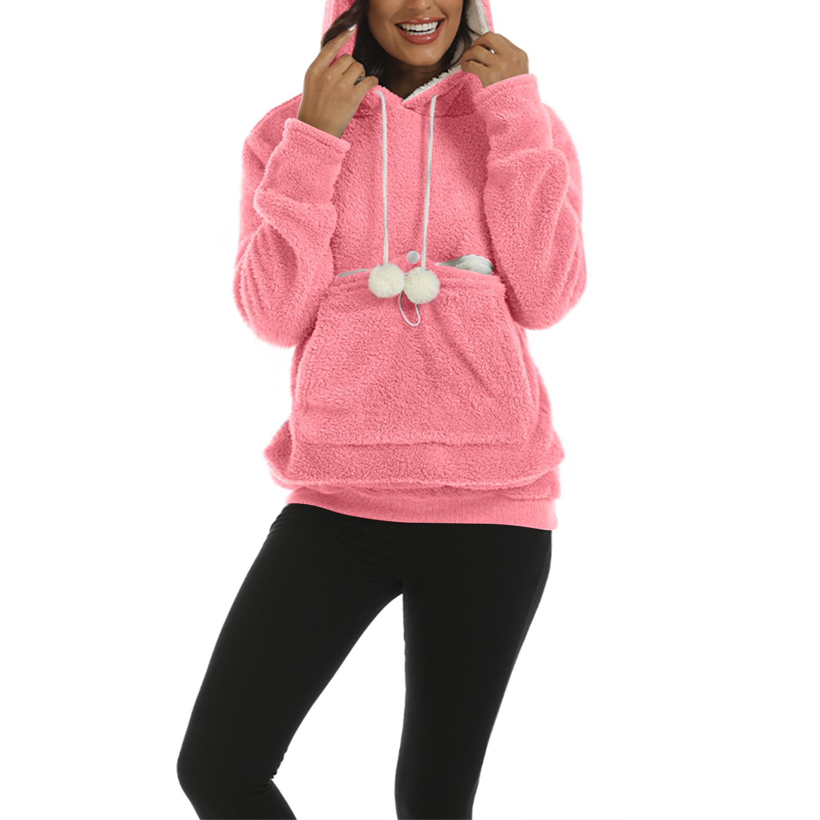 

Женский модный повседневный топ однотонный с длинным рукавом худи с карманом для питомца XL розовый