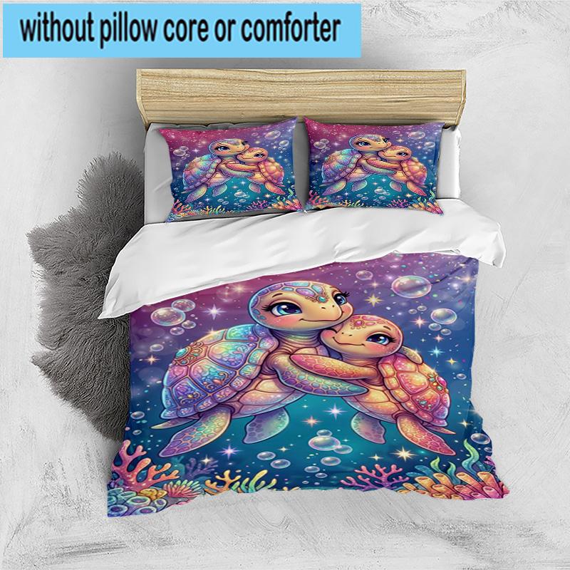 Underwater Two Sea Turtles 3pcs Bedding,Including 1pc Duvet Cover And 2pcs Pillowcases Perfect for Christmas,Ideal for Bedroom, Dormitory