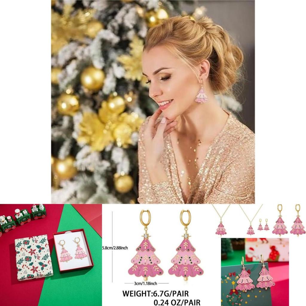 Alloy Pink Premium Christmas Tree Earrings And Necklace Set Perfect For Holiday Gatherings