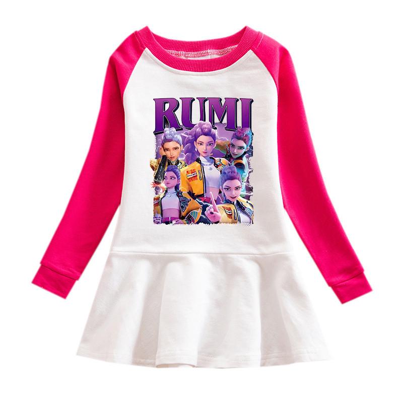 Mädchen Kpop Rumi Zoey Mira Hunters Print Langarm Falten Netz Kleid