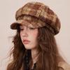New Original Octagonal Hat Autumn and Winter Brown Woolen Warm Beret Literary and Casual Plaid Pumpkin Hat
