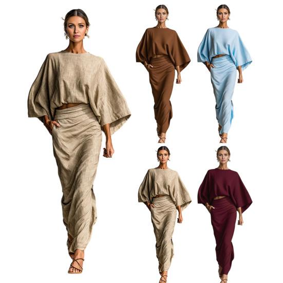 Summer 2 Piece Skirt Sets for Women Batwing Long Sleeve Top