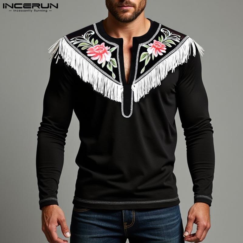 

INCERUN Men Long Sleeved Shirts Casual V Neck Print Tassel Tops S чёрный
