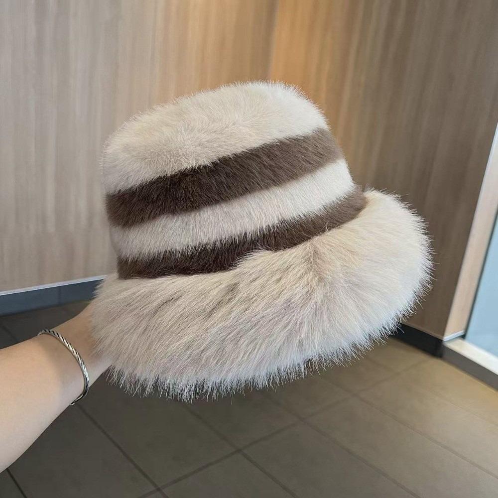 Striped Faux Fur Hat Thickened Winter Trapper Cap Ear Protection Bucket Beanie  Snow