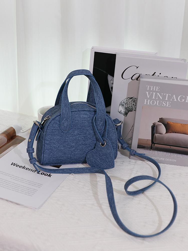 Internet Celebrity Same Retro Denim Portable Boston Bag Casual Soft Surface Solid Color Shoulder Messenger Bag Women's Simple Bag