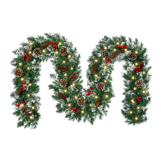 Artificial Christmas Garland with 50 LED Lights Battery Operated Prelit Greenery Garland with Pine Cones Red Berries for Mantle Staircase Doorway