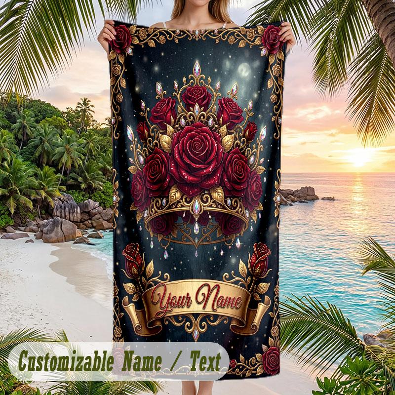 Royal Lion Crest Theme Quick Dry Beach Towel Custom Name Text Print Large Sand Resistant Towel Beach Vacation