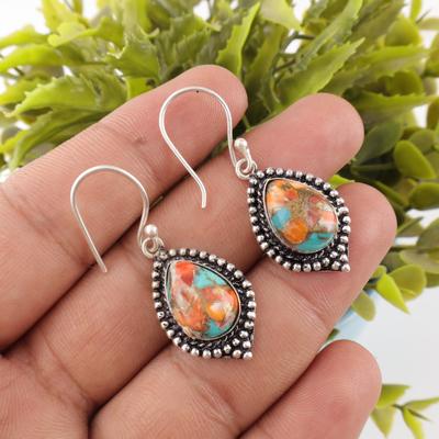 Spiny Oyster Handmade Gemstone Earrings, 925 Solid Sterling Silver Earrings Designer Jewelry, For Anniversary Gift