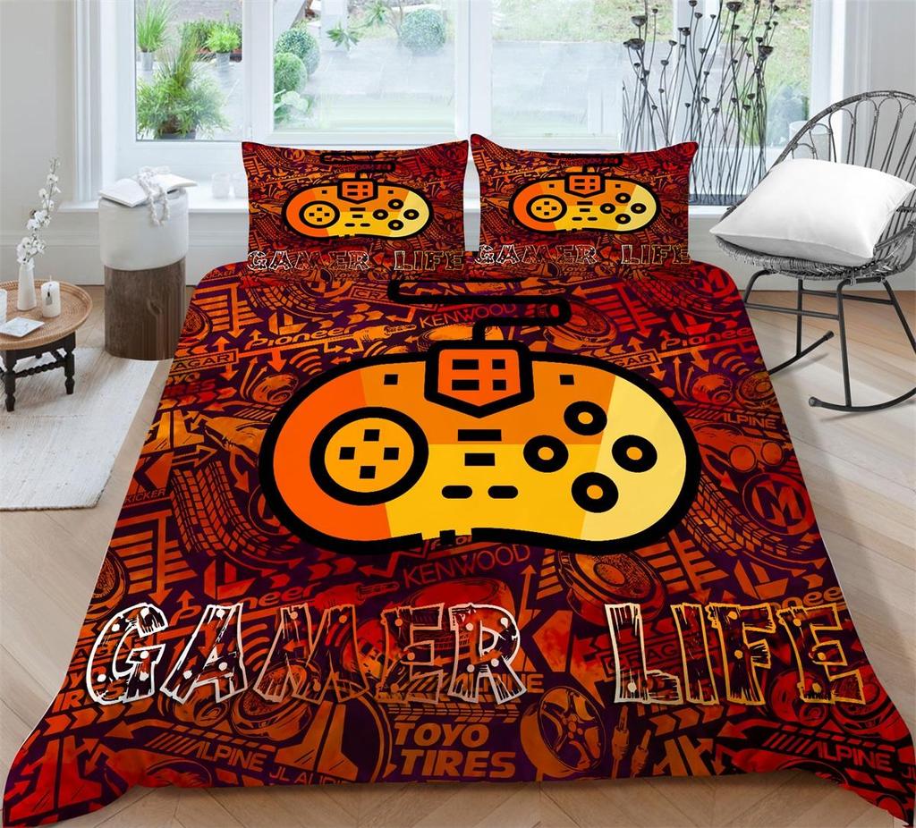 3D Bedding Single Double Bed Game Machine Printed Pillowcase and Quilt Cover 2/3 Pieces for Boys and Men Game Lovers Comfortable Household Bedding