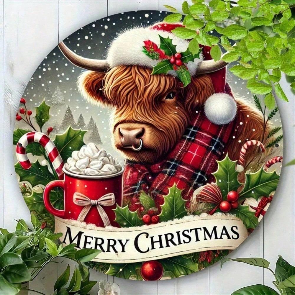 2D Flat Holiday Cow Metal Wall Art, Round Aluminum Sign For Home Door Porch Living Room
