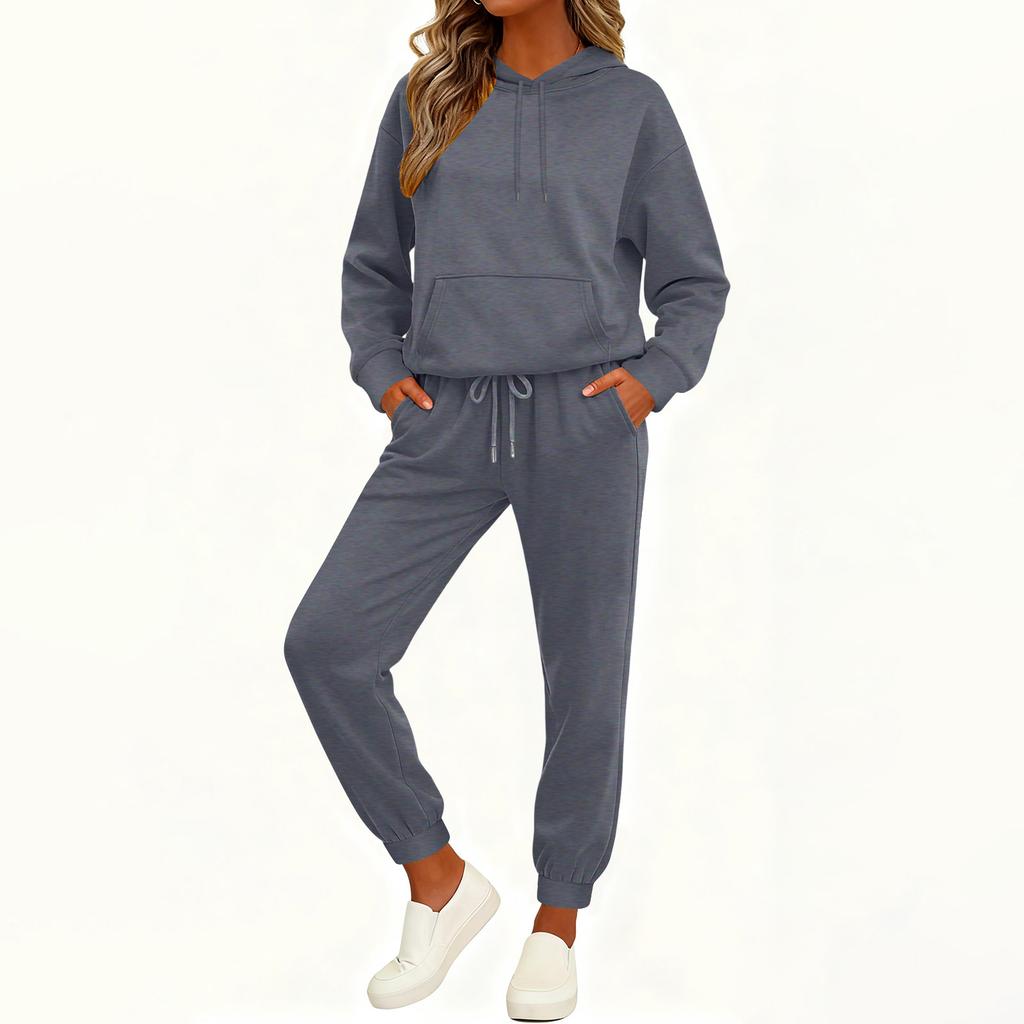 Women's Fashion Casual Solid Color Loose Hooded Sweatshirt Suit
