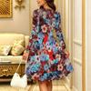Women Long Sleeve Round Neck Midi Dress Vintage Ink Wash Plum Blossom Branch Print Flared Casual Dress