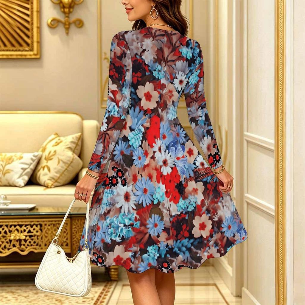 Women Long Sleeve Round Neck Midi Dress Vintage Ink Wash Plum Blossom Branch Print Flared Casual Dress