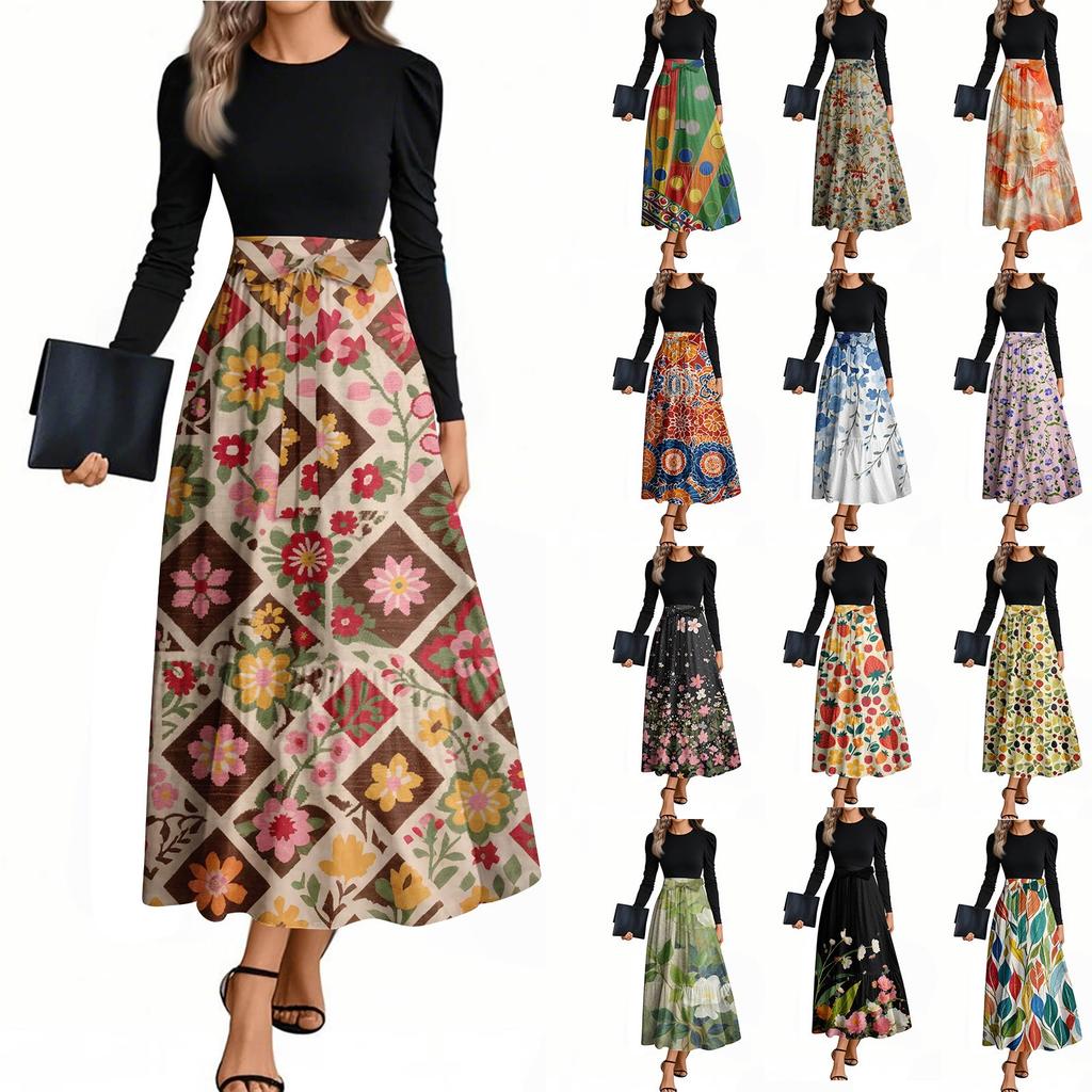 Damenmode Lässig Gürtel Langarm Rundhals Floral Bedruckt Elegant Temperament Kleider