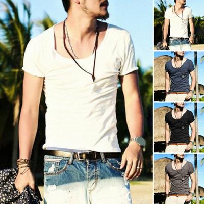 T-shirt Estiva da Uomo Taglia Grande Scollo a V Sottile Tinta Unita Aderente Morbida Traspirante Maniche Corte Lunghezza Media Elasticizzata Casual Quotidiano Top da Uomo