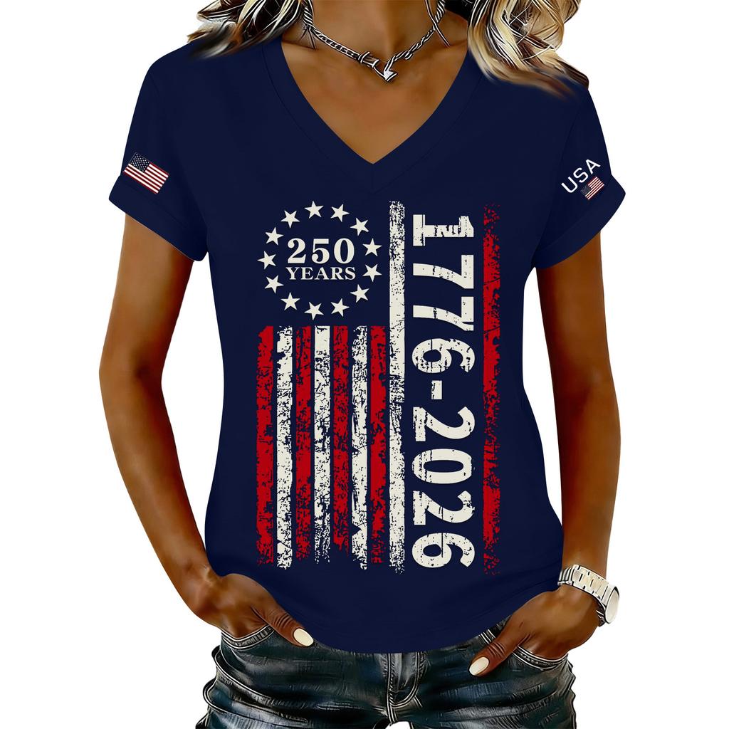 Women's Fashionable V-Neck Casual Retro Print Short Sleeved T-shirt Top