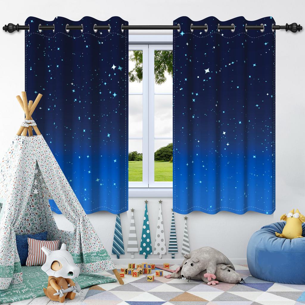 2pcs Moon Stars Window Curtains Children Bedroom Home Living Room Decoration Blackout Curtain Heat Insulation Noise Reduction