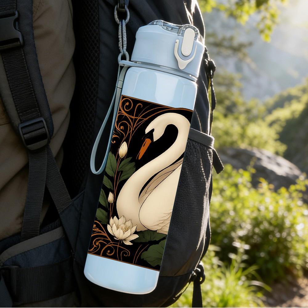 1PC White Swan Lake Water Scene Print 750ml Color Plastic Sports Water Bottle Leakproof Flip Straw Lid Suitable for Sports Office Home Use