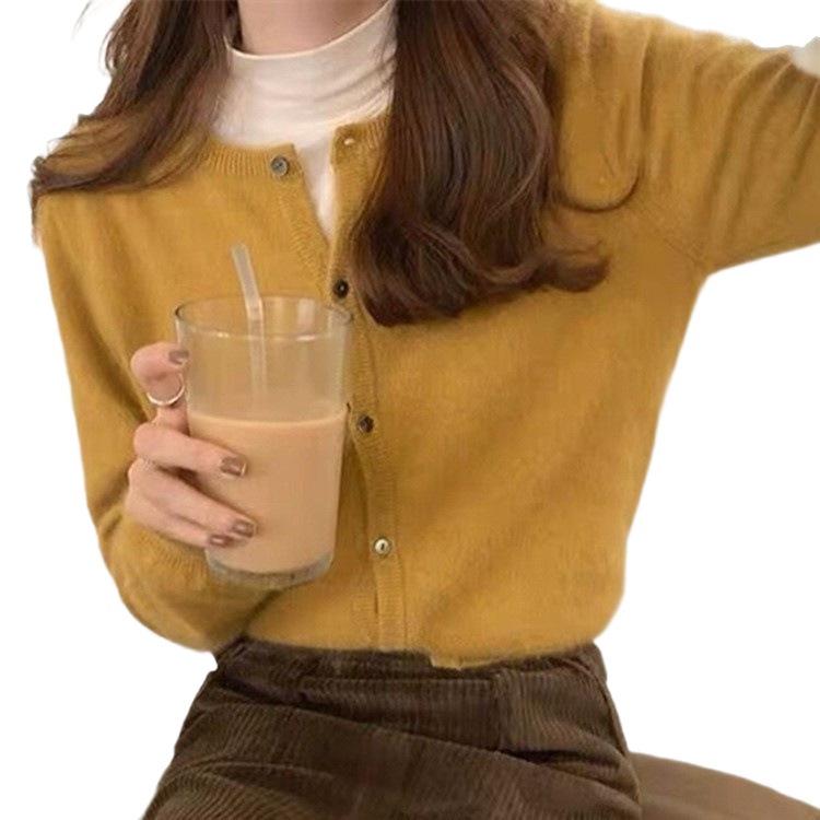 2026 Spring/Autumn Women's Korean Style 100% Pure Wool Cardigan - Round Neck, Thin Cashmere Knit Sweater Coat
