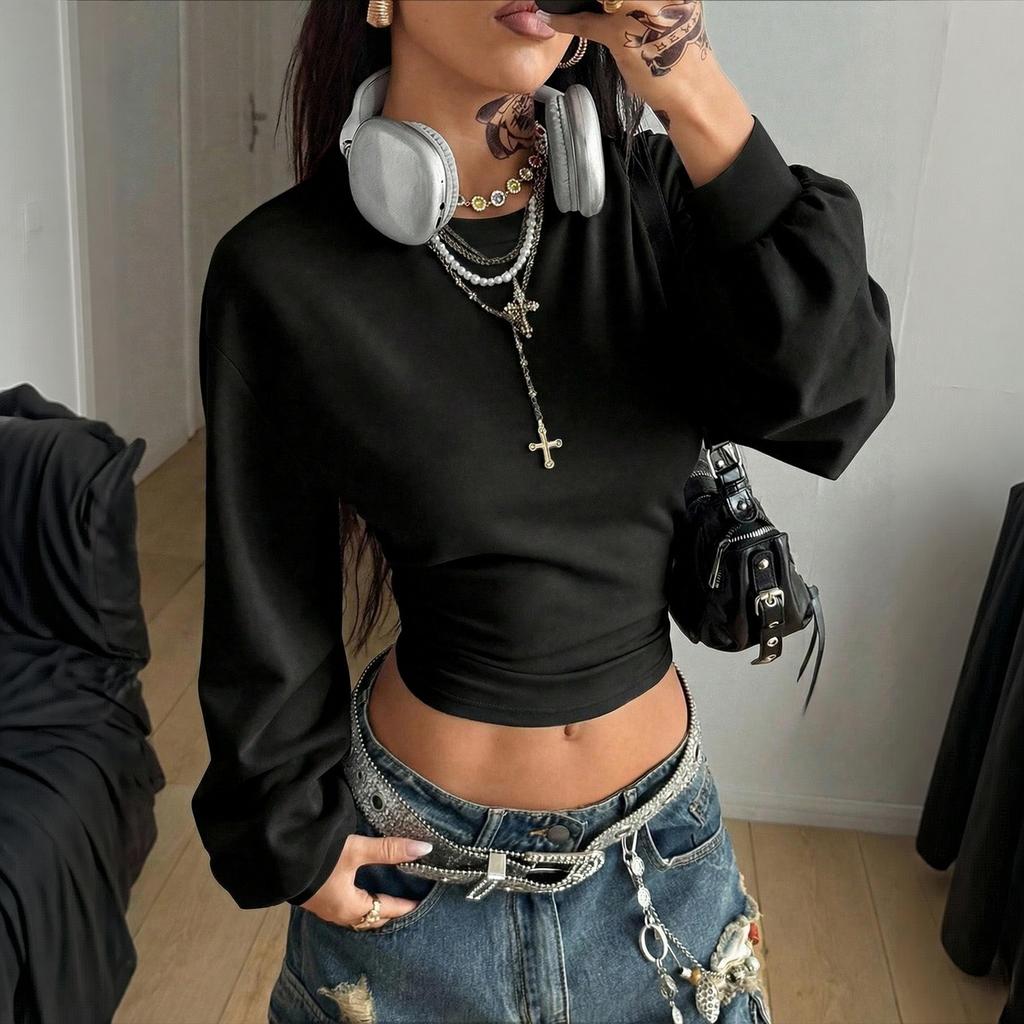 Women's Casual Long Sleeve Pleated Pullover Sweatshirt Color Top for Everyday Wear