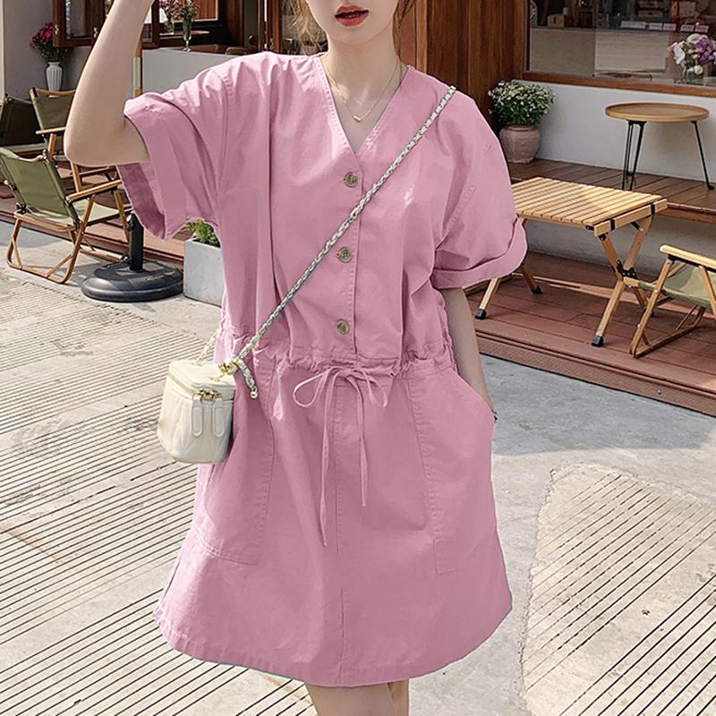 VONDA Women Summer V-Neck Short Sleeve Tie Shirt Dresses