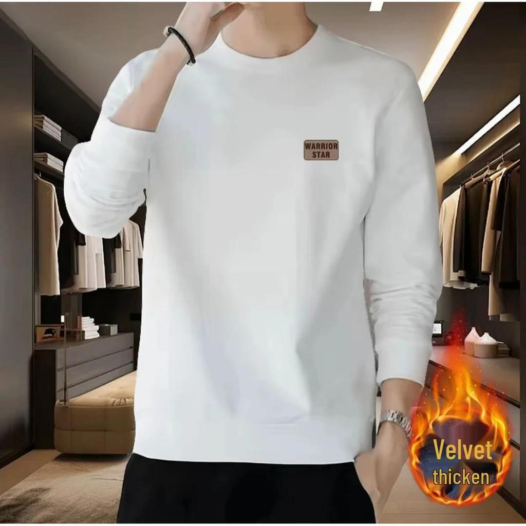 Men's Fleece Lined Long Sleeve Hoodie T-shirt - Round Neck, Plus Sizes, Autumn/Winter Wear