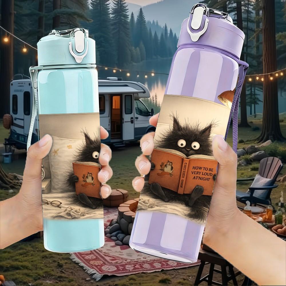 1PC Black Cat Sit On Vintage Book Bag Print 750ml Color Plastic Sports Water Bottle Leakproof Flip Straw Lid Suitable for Sports Office Home Use