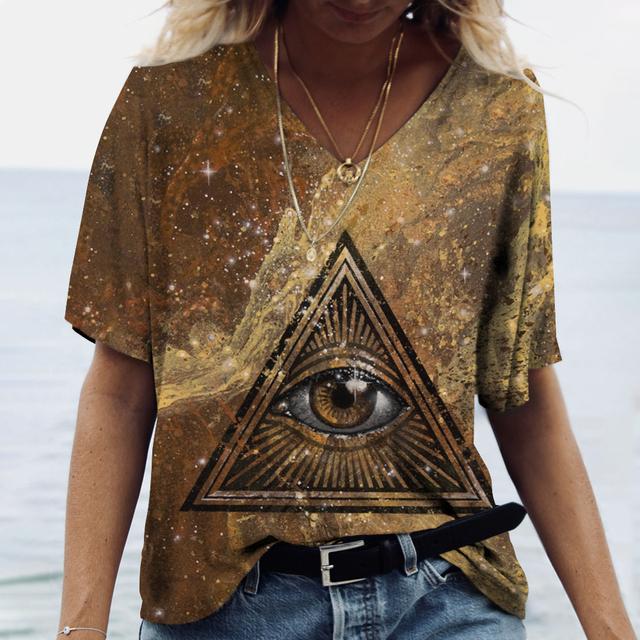 2023 Women's V-neck T-shirt Street Ancient Egyptian Ethnic Costume Print Women's Top Short Sleeve Casual Fashion Women Clothing