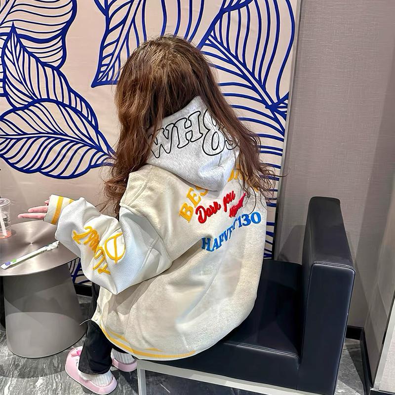 Women's Embroidered Letter Guochao Baseball Jacket - Color Block, Loose Fit, Ideal for Spring & Autumn, Suitable for Middle & High School Students