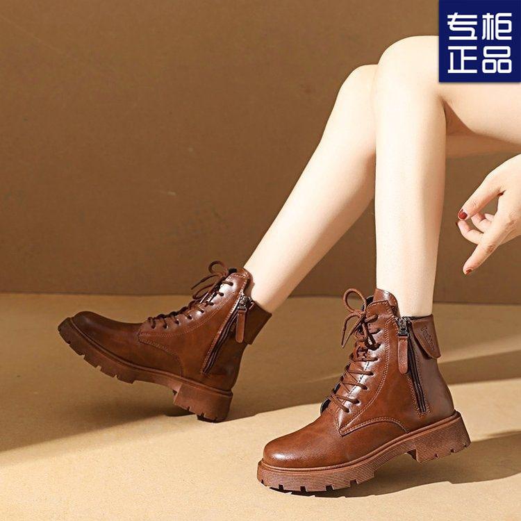 Retro autumn and winter boots women's double zipper soft-soled soft-faced leather shoes Martin boots British versatile brown low-top short boots