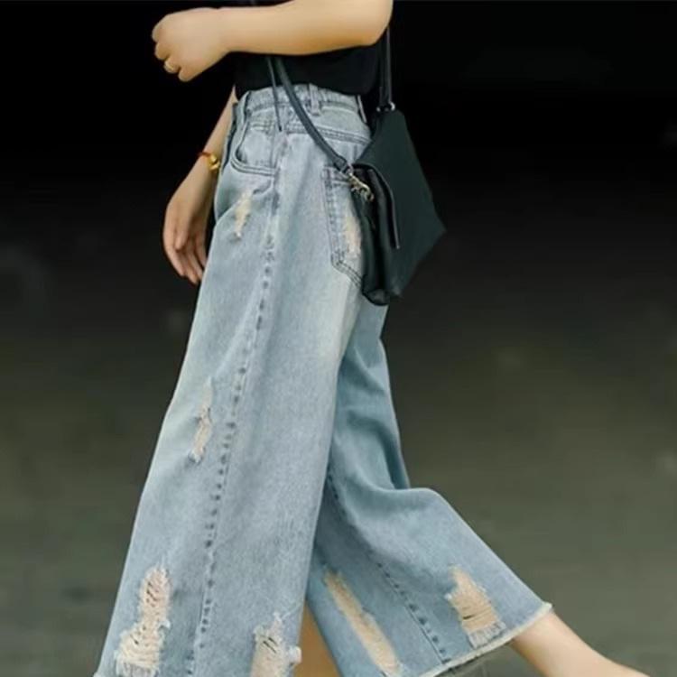 

Women s Summer High-Waist Distressed Ripped Wide Leg Jeans - Petite Fit XL