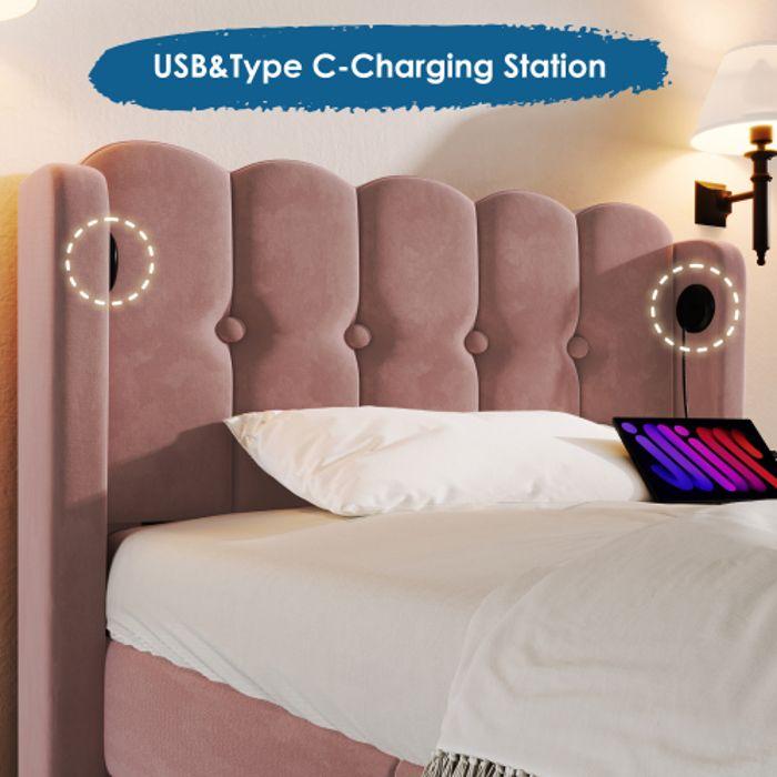 Lit rembourré - MUVOE - 90 x 200 cm - Rose - Chargeur USB Type C - Matelas inclus