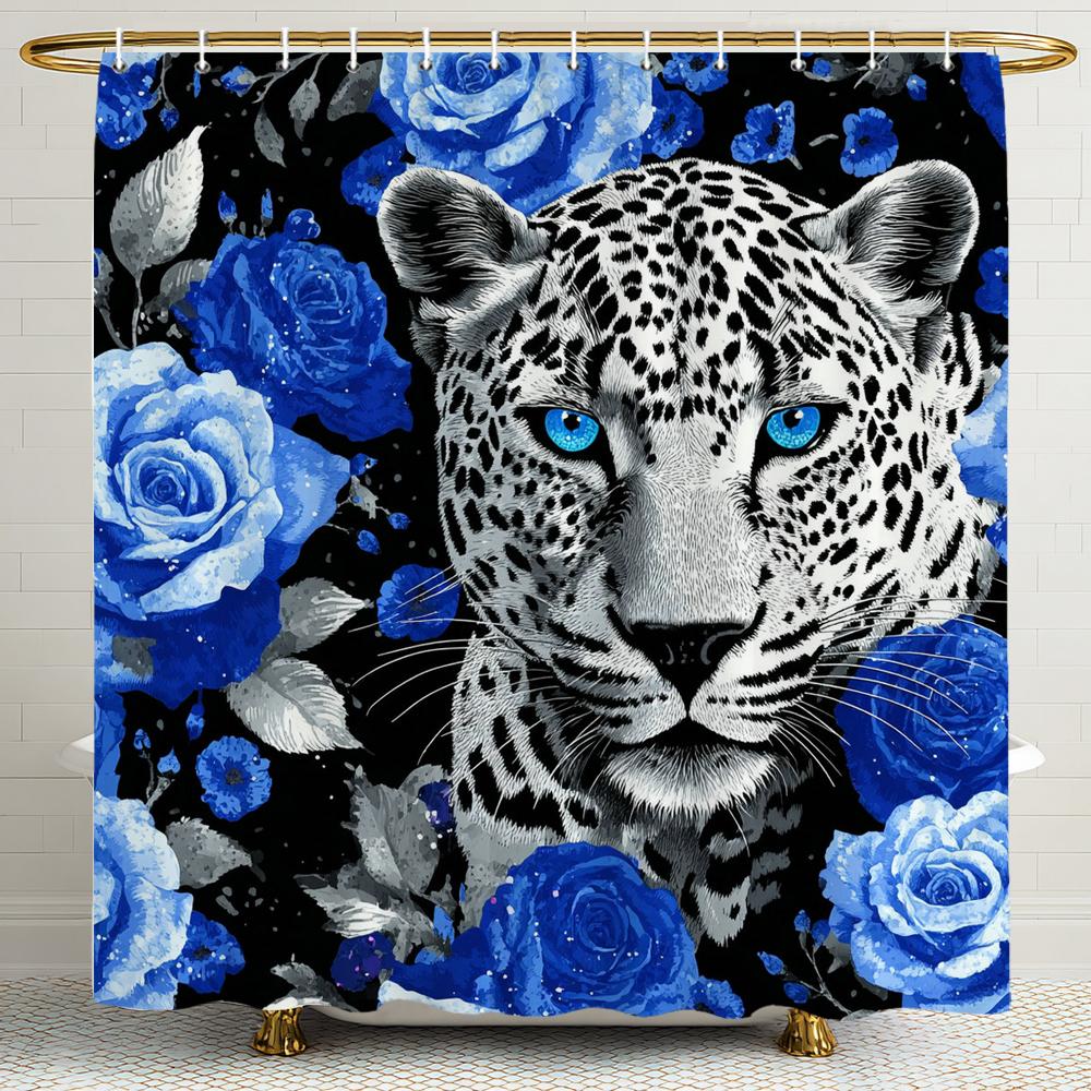 Cougar And Red,Blue Rose Shower Curtain, Animal Pattern Bathroom Decorative Shower Curtain, Printed Shower Curtain With Hooks