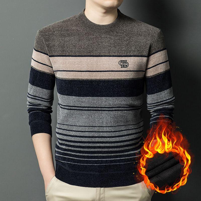 Mens Fashion Chenille Sweaters Knitting Pullover Striped Men's Autumn Winter Top Clothes Round Neck Knitted Sweaters