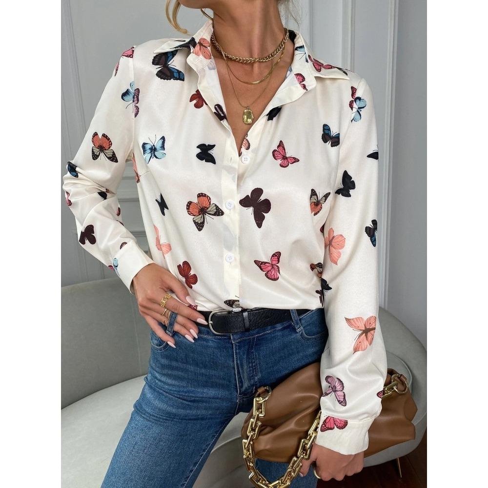 Simple And Clear Love Flower Print Ladies Casual Long Sleeve Lapel Shirt Outdoor Casual Ladies Shirt Urban Street Fashion Shirt