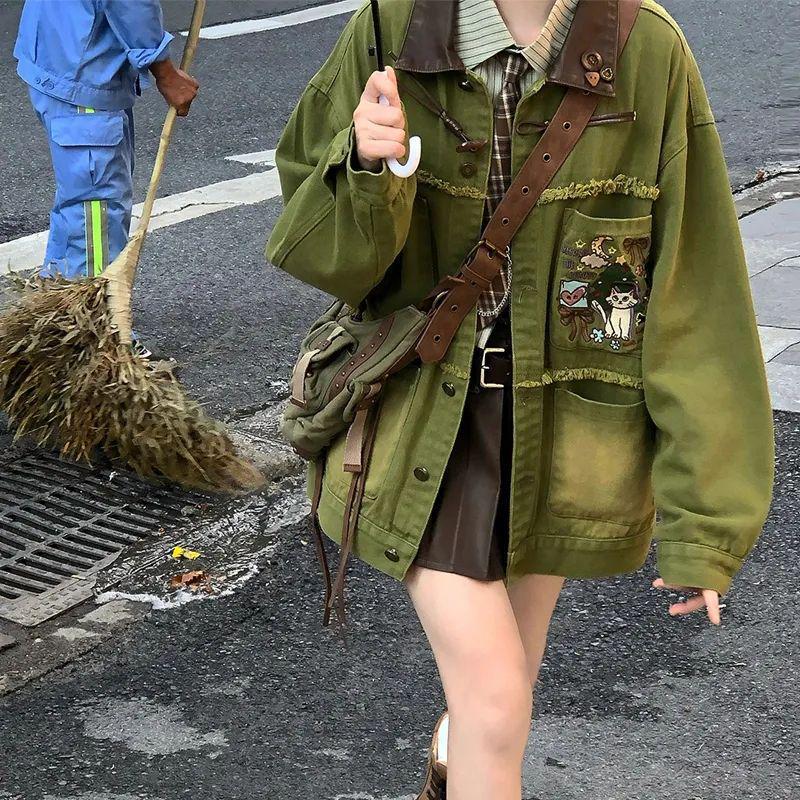 2025 Playful Green Embroidered Denim Jacket - Spring/Autumn Retro Style | Free Shipping