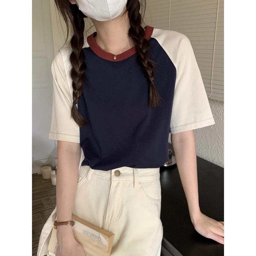 

AOSSVIAO Summer Tops for Women Tshirt Turn Down Collar Short Sleeve Beige Blue Chic Y2k Fashion Patchwork 2026 T Shirts XL