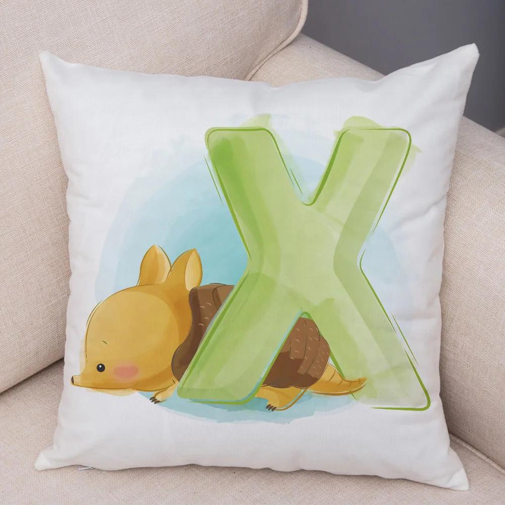 Cute Cartoon Animal Cushion Cover for Children Room Water Color English Letter Print Pillow Case Short Plush Pillowcase 45x45cm