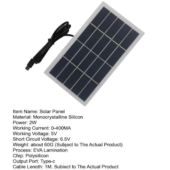 Solar Panel 2W Polycrystalline Silicon Portable Solar Charger with Type-C Mobile Phone Flashlight Solar Panel