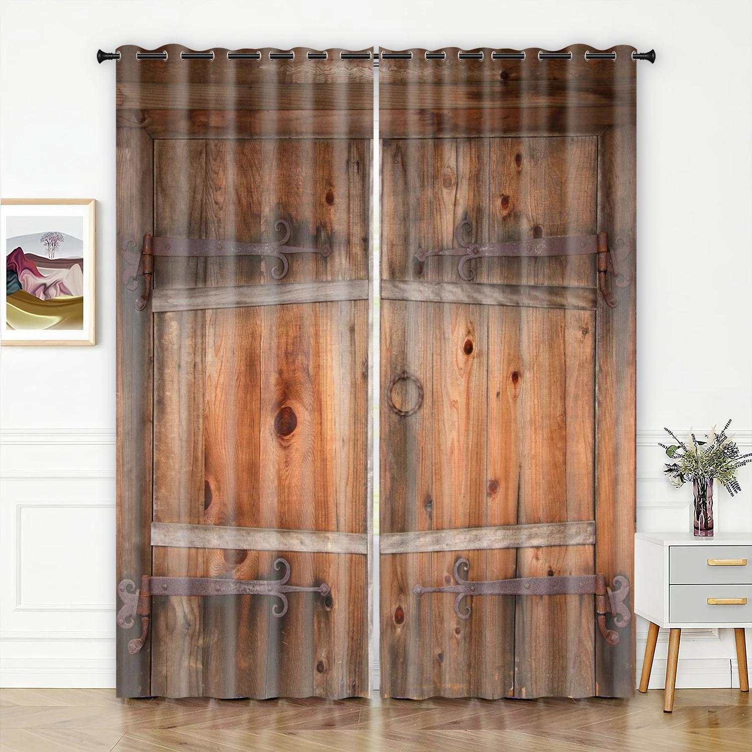 Retro Holz Tür Textur Vintage Scheunenvorhänge für Schlafzimmer Wohnzimmer Küche Fenster Vorhang Modernes Zuhause Raumdekor 2 Paneele W50xH130(CM)x2pcs&Grommet Top