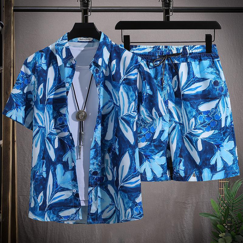 Hawaiian Men's Beach Set Single Chest Short Sleeve Shirt and Shorts Summer Leisure Travel Set