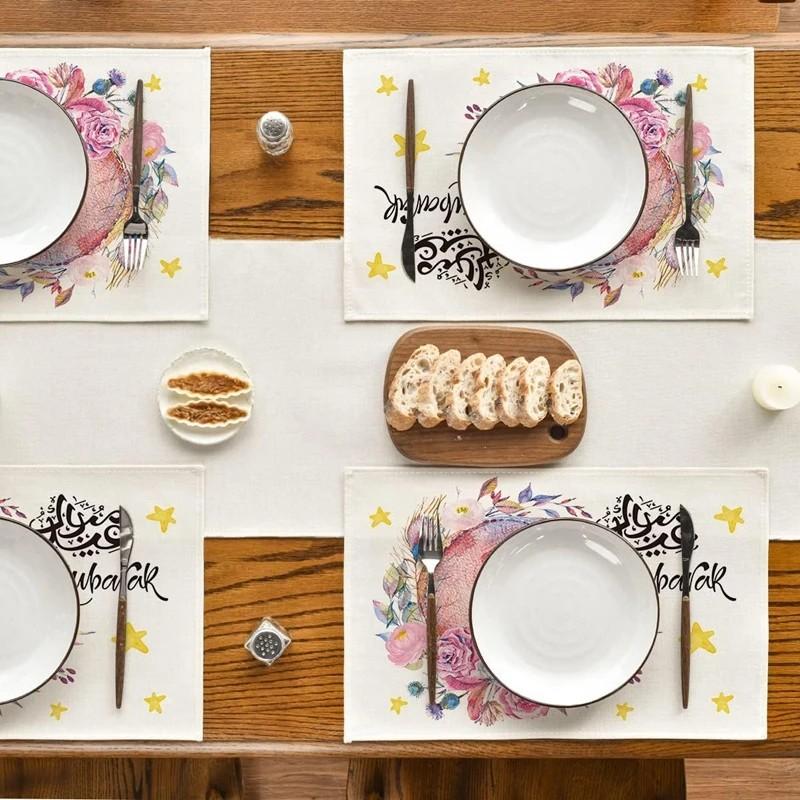 Ramadan Karim Lněné podložky pod talíře, Stolní dekorace, Muslimské islámské párty potřeby, Eid Al-Fitr Mubarak Rodinné dekorace